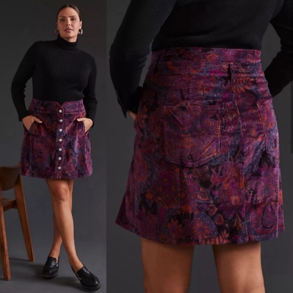 Anthropologie Pilcro Size 4 Corduroy Button Front Mini Skirt Floral Purple NWT - Picture 3 of 14